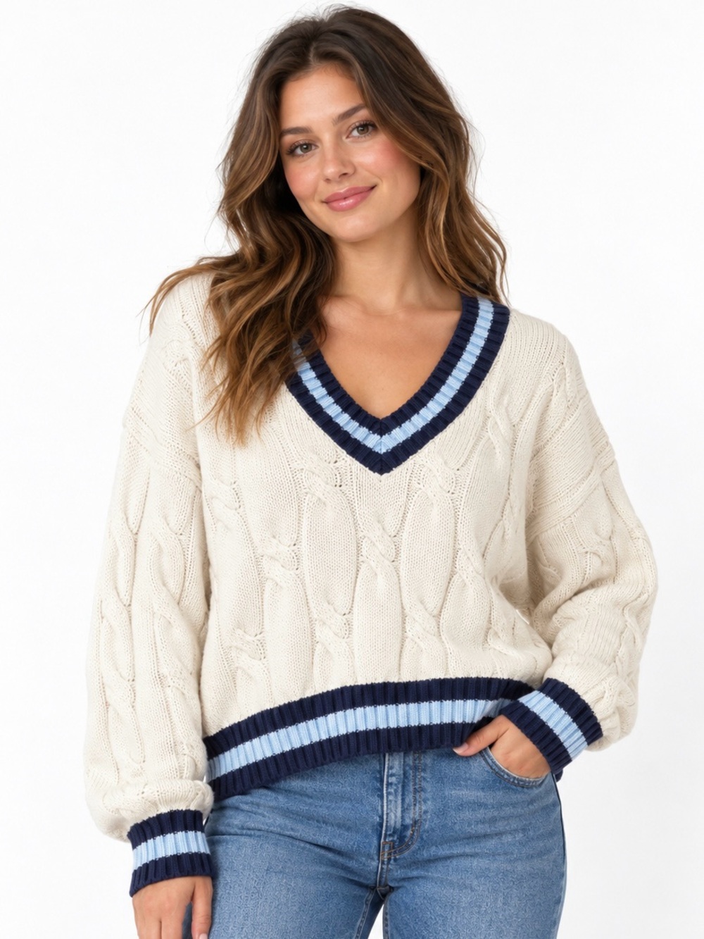 Aerie 100% cotton cable knit V-neck sweater varsity striped trim women's size L